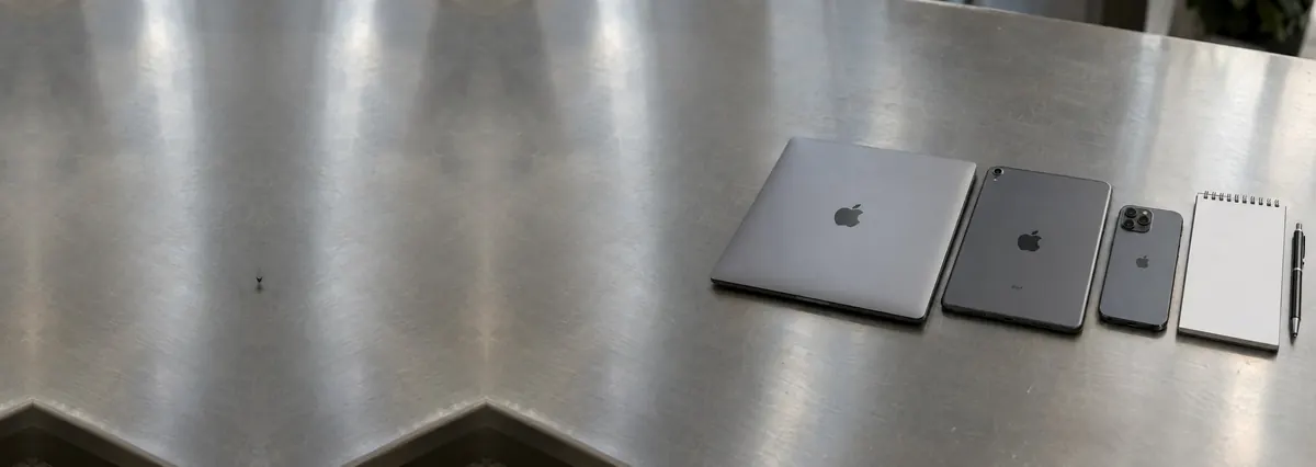 A closed Apple MacBook, an iPad and an iPhone in a row beside a notepad on a steel workbench