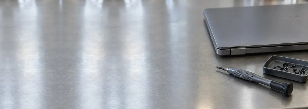 A closed grey laptop seen from its hinge end beside a screwdriver and a screw tray on a steel workbench