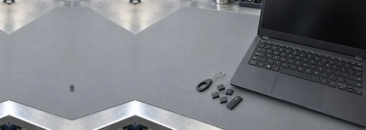 An open laptop with its keyboard in focus beside a keycap puller and loose keycaps on a grey anti-static mat