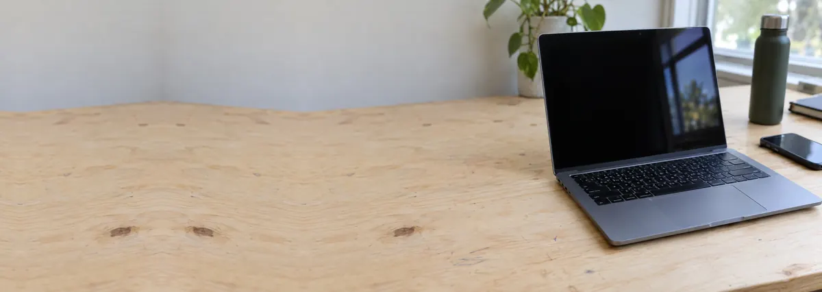 An open laptop with a blank black screen on a plywood bench