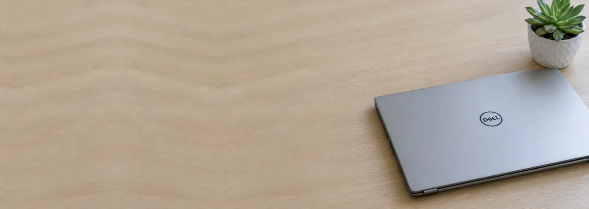 A closed silver Dell laptop beside a small succulent on an oak desk top