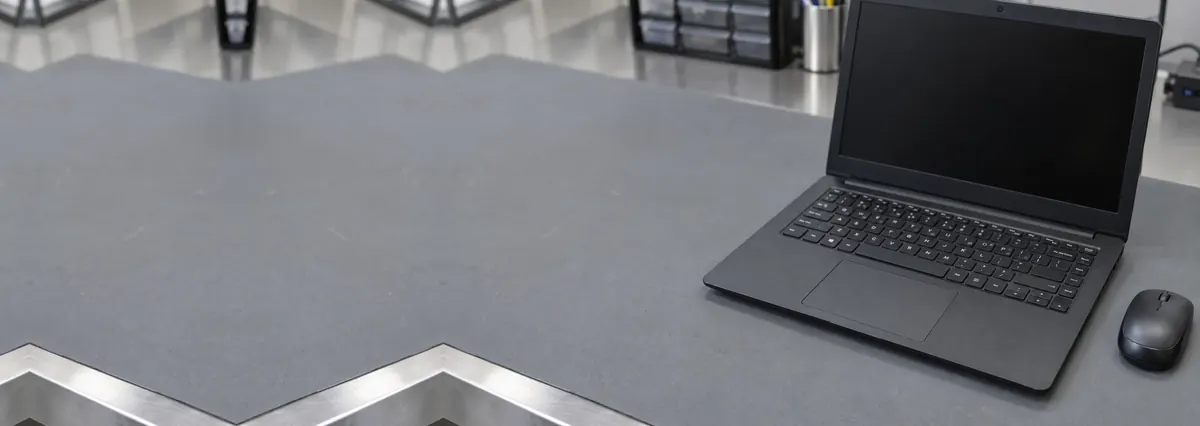 An open black laptop with its trackpad in the foreground beside a wireless mouse on a grey anti-static mat