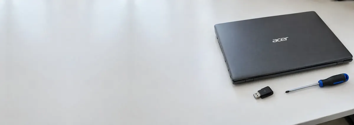 A closed Acer laptop beside a USB wifi adapter and a screwdriver on a white bench