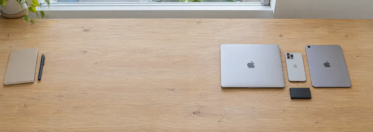 A closed Apple MacBook, an iPhone, an iPad and a small external drive laid out on a light wooden desk