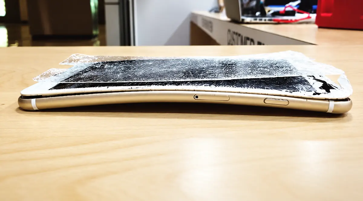 A bent iPhone with a shattered screen on the repair counter