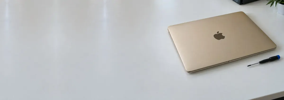 A closed gold-toned aluminium Apple MacBook beside a screwdriver on a white bench