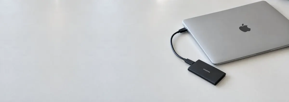 A closed silver Apple MacBook with a small black external SSD and cable on a white workbench
