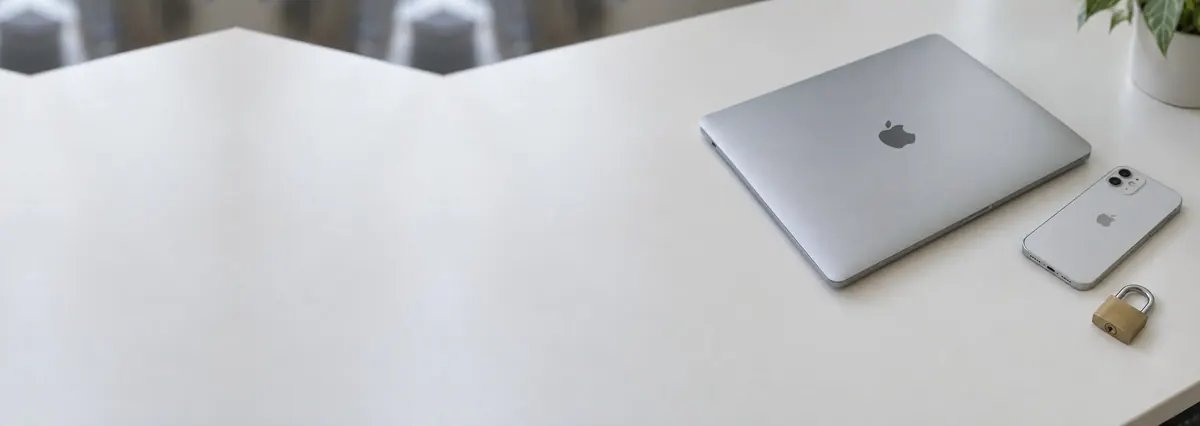 A closed Apple MacBook and an iPhone beside a small padlock on a white bench
